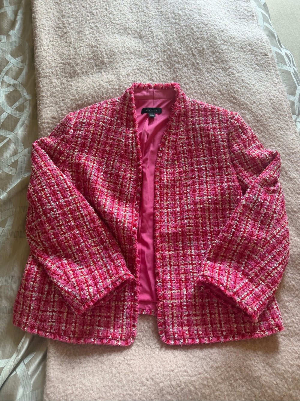 Ann Taylor Tahari Pink Tweed Open-Front Jacket